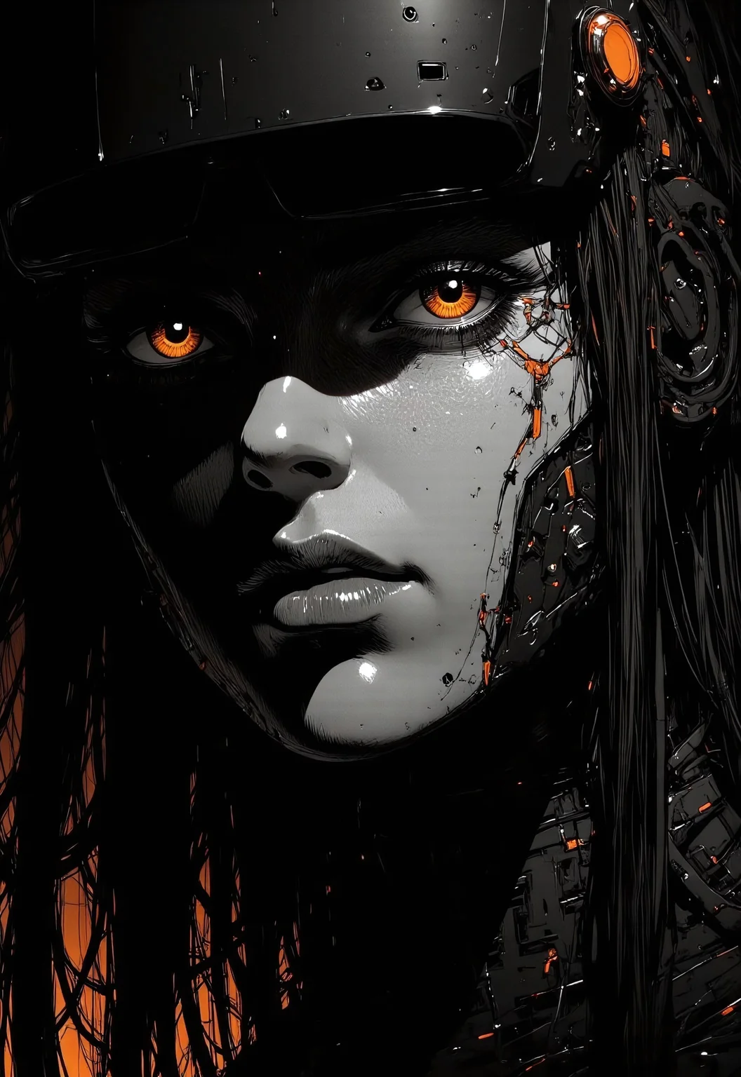 nistyle, manga sketch, monochrome with sinister crimson accents, A sensual close-up portrait of Cyborg Cleopatra, her timeless beauty immersed in a dark, dystopian palette of deep black and faded red-orange hues. Her full lips, painted in a glossy, blood-red tone, glisten seductively, slightly parted to reveal their captivating softness. Her almond-shaped eyes are framed by dramatic black kohl lines, extended into bold, feline flicks, barely visible beneath a futuristic visor resembling a sleek, dystopian ski goggle. The visor is crafted from matte black alloy casting fragmented light across her pale skin, now tinged with the ashen hues of a decaying world.
Her high cheekbones glint faintly with a metallic bronze sheen, merging into intricate cybernetic implants embedded along her temples and jawline. The implants, etched with ancient hieroglyphic patterns, pulse with a faint, ember-like glow, their light flickering as if struggling to stay alive. Beneath the visor, traces of smoldering orange eyeshadow blend with her black kohl, creating a fiery yet muted contrast that echoes the dystopian atmosphere.
Delicate, vein-like circuits etched in dark metal trace her face’s contours, glowing dimly in molten orange as they harmonize with her natural beauty. The background fades into shadowy black, with only faint, diffuse orange light illuminating her regal features.