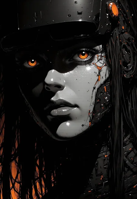 nistyle, manga sketch, monochrome with sinister crimson accents, A sensual close-up portrait of Cyborg Cleopatra, her timeless beauty immersed in a dark, dystopian palette of deep black and faded red-orange hues. Her full lips, painted in a glossy, blood-red tone, glisten seductively, slightly parted to reveal their captivating softness. Her almond-shaped eyes are framed by dramatic black kohl lines, extended into bold, feline flicks, barely visible beneath a futuristic visor resembling a sleek, dystopian ski goggle. The visor is crafted from matte black alloy casting fragmented light across her pale skin, now tinged with the ashen hues of a decaying world.
Her high cheekbones glint faintly with a metallic bronze sheen, merging into intricate cybernetic implants embedded along her temples and jawline. The implants, etched with ancient hieroglyphic patterns, pulse with a faint, ember-like glow, their light flickering as if struggling to stay alive. Beneath the visor, traces of smoldering orange eyeshadow blend with her black kohl, creating a fiery yet muted contrast that echoes the dystopian atmosphere.
Delicate, vein-like circuits etched in dark metal trace her face’s contours, glowing dimly in molten orange as they harmonize with her natural beauty. The background fades into shadowy black, with only faint, diffuse orange light illuminating her regal features.