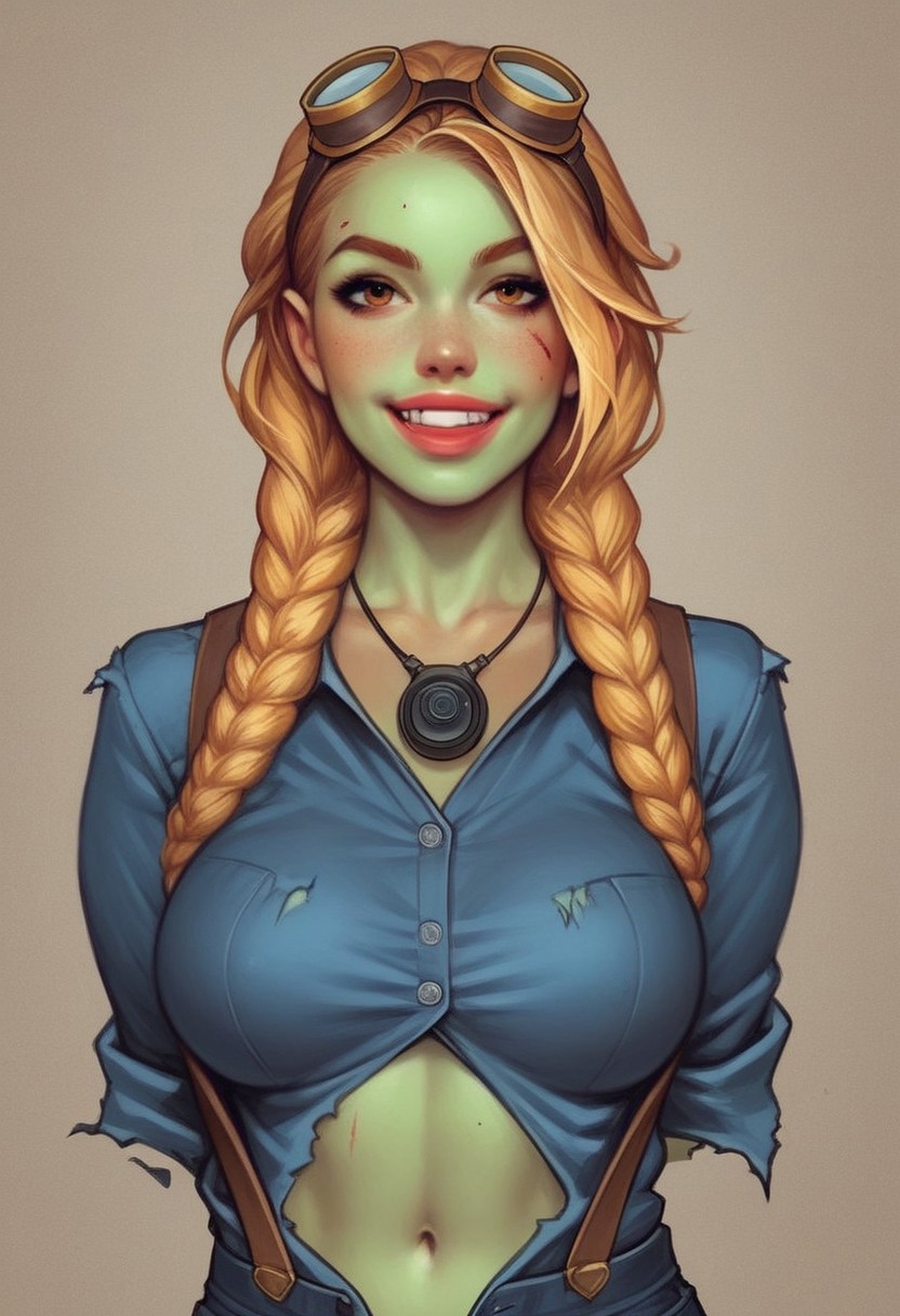 ((front view)))
from front, (((front view))), 1girl zombie, illustration, comic style, looking at viewer, highly detailed, source_comic_illustration, from front, 1girl zombie, illustration, comic style, looking at viewer, highly detailed, source_comic_illustrationskinny, looking at viewer, 1girl zombie, masterpiece, best quality, cowboy shot, girl, realistic drawing, anime, by Sam Yang, sharp highly detailed 2d illustration, comic art, (hyperrealism, soft light, sharp), (anime:0.5), full clothed
BREAK
1woman-zombie, girl monster, zombie transformation (((braided ginger-blonde hair))), hair patterned bandana, ((((miner goggles over the hair))), ((ripped, clothes)), closed buttoned dark shirt, navel exposed, cargo shorts, suspenders, scars zombie green skin, zombie face, fang smile, zombie eyes
((((full-clothed)))),
dynamic pose <lora:Cherry-Gig:0.55>
BREAK 
((((zombie-apocalypse)))) score_9, score_8_up, score_7_up, score_6_up, source_cartoon, rating_explicit, Expressiveh, (((((upper body))))), dynamic pose