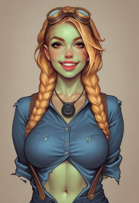 ((front view)))
from front, (((front view))), 1girl zombie, illustration, comic style, looking at viewer, highly detailed, source_comic_illustration, from front, 1girl zombie, illustration, comic style, looking at viewer, highly detailed, source_comic_illustrationskinny, looking at viewer, 1girl zombie, masterpiece, best quality, cowboy shot, girl, realistic drawing, anime, by Sam Yang, sharp highly detailed 2d illustration, comic art, (hyperrealism, soft light, sharp), (anime:0.5), full clothed
BREAK
1woman-zombie, girl monster, zombie transformation (((braided ginger-blonde hair))), hair patterned bandana, ((((miner goggles over the hair))), ((ripped, clothes)), closed buttoned dark shirt, navel exposed, cargo shorts, suspenders, scars zombie green skin, zombie face, fang smile, zombie eyes
((((full-clothed)))),
dynamic pose <lora:Cherry-Gig:0.55>
BREAK 
((((zombie-apocalypse)))) score_9, score_8_up, score_7_up, score_6_up, source_cartoon, rating_explicit, Expressiveh, (((((upper body))))), dynamic pose