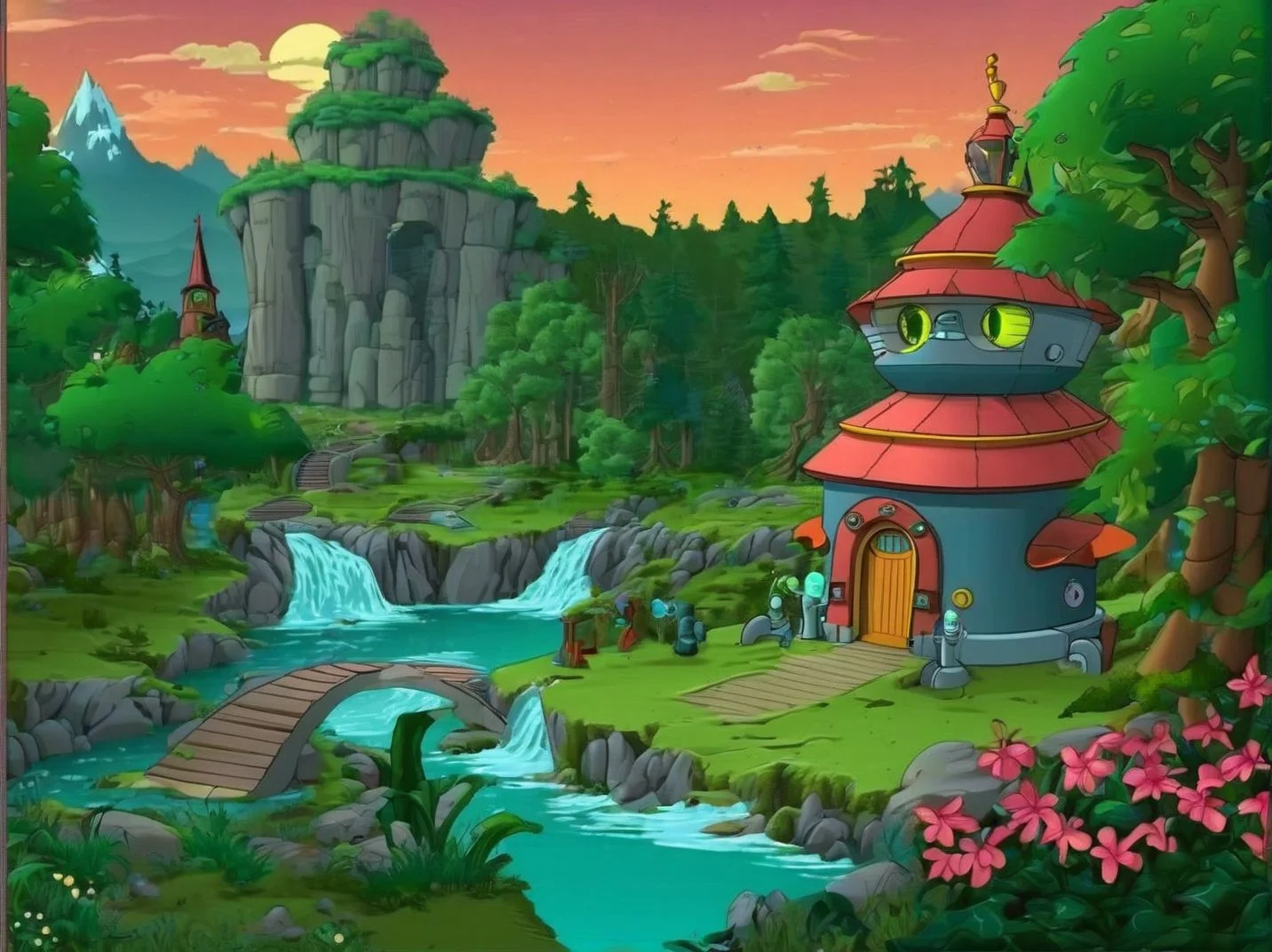 enchanted landscape, FuturamaStyle <lora:SDXL-FuturamaStyle-Lora:1>, Very detailed, clean, high quality, sharp image