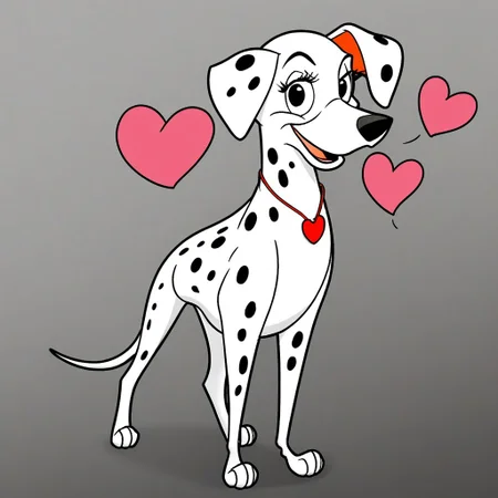 perdita101, dalmatian, dog, disney, (((front view))), (((looking at viewer))), (((looking straight ahead))), (((smug))), (((eyelashes))), (((no neckwear except pink heart necklace))), tough, solo, happy, smiling, flirty, feral, no background, quadruped, (((standing))), four paws, (((full body view))), standing confidently, (((smirk))), sneer, (((half-open eyes))), (((open mouth))), sassy, head held high. solo, one tail