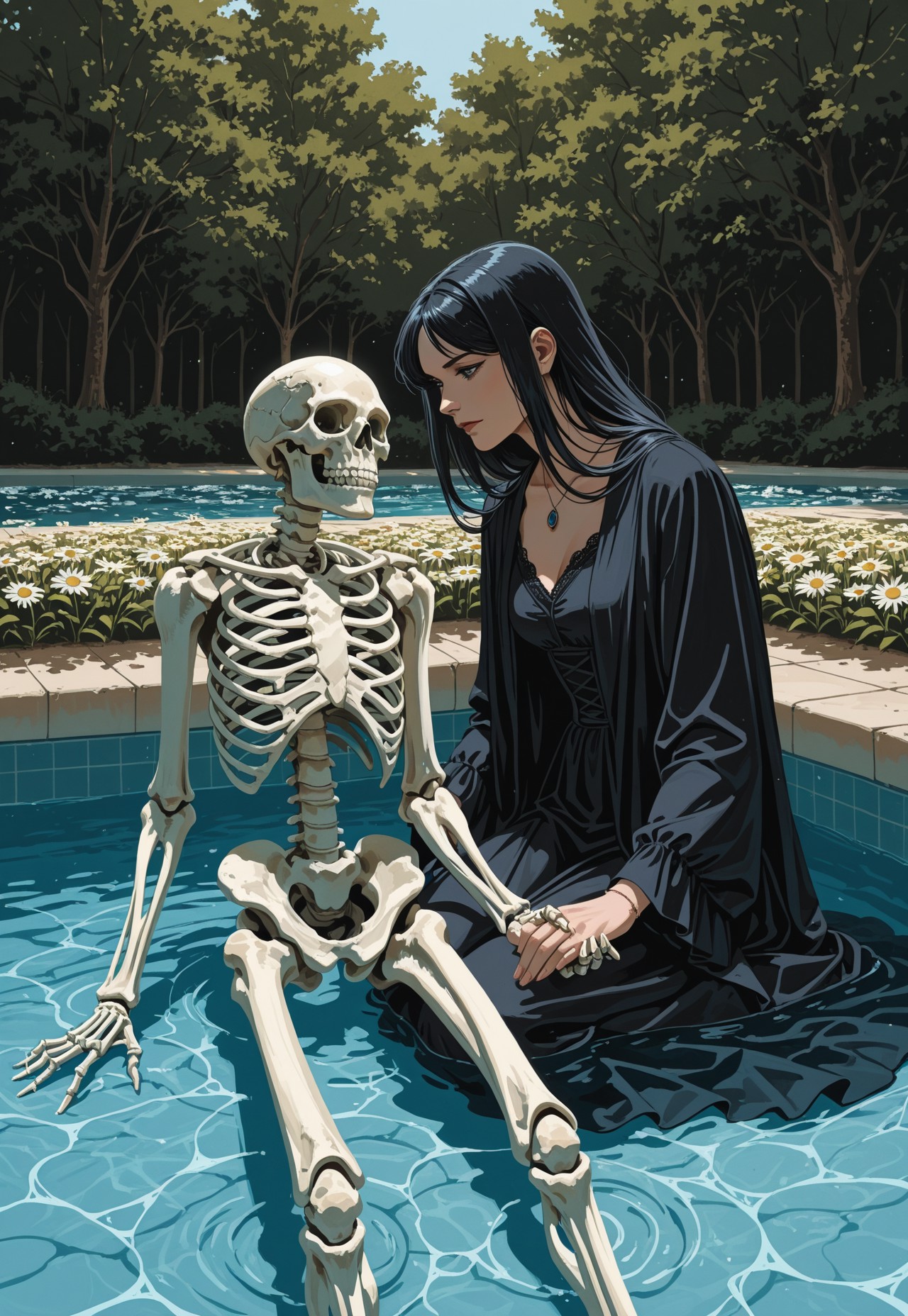 Skeleton Lovers in Bloom:
Two human skeletons sit together in a shallow pool, holding hands and facing each other amid wild daisies. Despite their skeletal forms, the scene radiates intimacy. Art style: romantic gothic surrealism, hyper-realistic anatomical detail, painterly floral textures, and a muted, moonlit palette evoke themes of love beyond death, reminiscent of Vanitas paintings or Beardsley-esque linework.