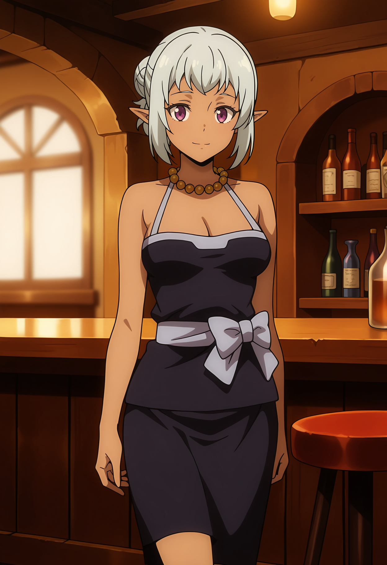 anime screencap, masterpiece, best quality,
<lora:TenSura_DwargonElf4_DarkSkinLady_IlluXL:0.9>,
1girl, solo, closed mouth, light smile,
dark-skinned female, hair bun, grey hair, purple eyes, pointy ears,
sleeveless dress, black dress, cleavage, medium breasts, pearl necklace, black skirt, waist bow, grey bow,
standing, looking at viewer, cowboy shot,
blurry background, indoors, medieval, bar \(place\)