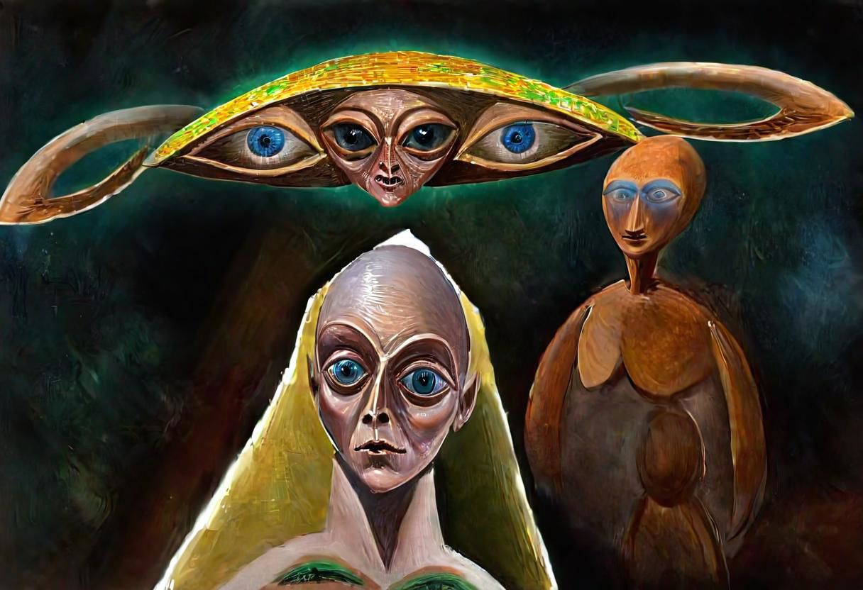 p1c4ss0, seraphins, mystical creature with hundreds of eyes and wings, roswell alien with yellow christmas hat delivering presents with santa riding a ufo sleigh, 1908 Woman with a Fan