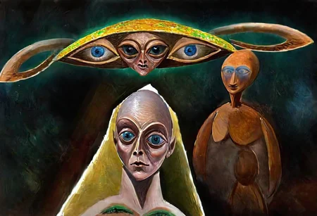 p1c4ss0, seraphins, mystical creature with hundreds of eyes and wings, roswell alien with yellow christmas hat delivering presents with santa riding a ufo sleigh, 1908 Woman with a Fan