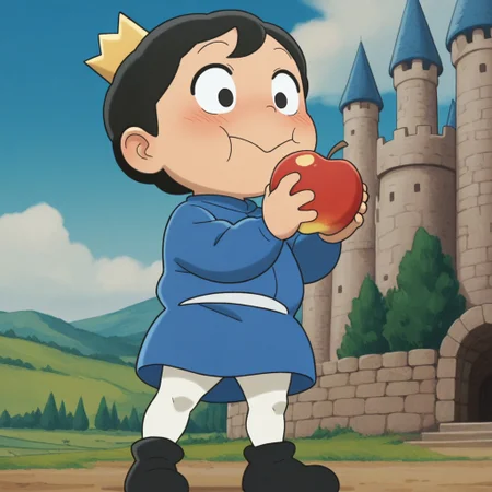 masterpiece, best quality, amazing quality, official artstyle, b0jj1, male, solo, solo focus, human, young, black hair, short hair, black eyes, blush stickers, short, crown, blue doublet, white belt, white leggings, black shoes, standing, happy, eating apple, outdoors, castle,