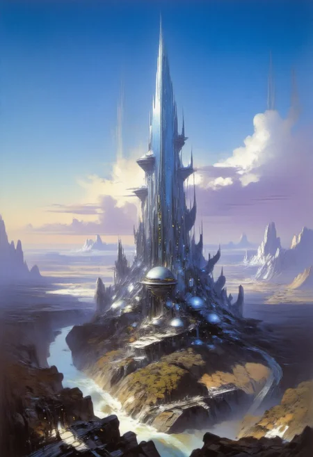 A futuristic cityscape at dusk. The central focus is an immense, towering skyscraper with a sleek, reflective surface that reflects the soft, ambient light of the setting sun. The building's design is futuristic, with a tapering top and a complex, organic base that seems to blend seamlessly with the landscape. In the foreground, a serene river runs through a valley lined with lush, green trees. Bridges and elevated walkways connect the base of the skyscraper to the surrounding buildings. The buildings in the foreground are more modest in size, with a mix of glass and metallic facades, indicating modern architecture. In the background, the cityscape stretches into the distance, showcasing a variety of skyscrapers and high-rises, some of which are needle-like, indicating a focus on verticality and density. The sky is a gradient of deep blues and purples, with scattered, fluffy clouds casting shadows on the buildings below. The overall color palette is cool and serene, with the soft lighting enhancing the futuristic, utopian atmosphere of the scene.