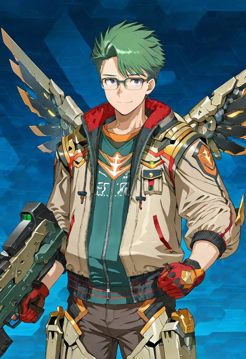 gb4_tao, green hair, short hair, grey eyes, 1boy, solo, male focus, glasses, lean body, wear mecha armor with eagle mecha wings, white mecha armor theme, fly toward the viewer, fight pose, high quality, armaments equipped in the armor, score_9, futuristic city in the background, BREAK, his right hand is holding beam rifle, high quality, best quality, masterpiece, detailed draw,detailed eyes, detailed face