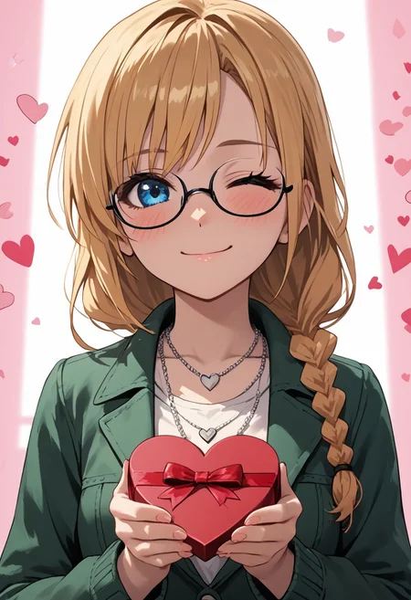 score_4,score_5,score_6,score_7_up,score_8_up,score_9 ((masterpiece,best quality,ultra detailed,highres,HD,4k:1.2)), 
1girl, solo,solo focus,girl focus,face focus,
blonde hair,long hair,braided ponytail,spiked hair,single braids,blue eyes,
green jacket,open jacket,white shirt,Glasses, necklace, 
upper body,
pov,from the front, front view, front angle, 
Happy Valentine's Day, Valentine's chocolate, holding wrapped chocolate, 
heart background, 
blush,((wink:1.1)), smile, happy, shy,closed mouth,