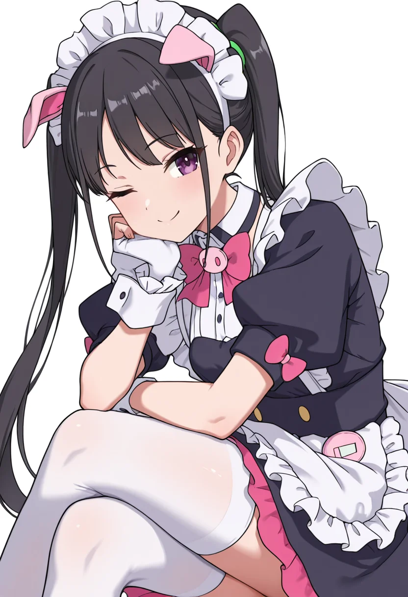 Smooth Quality,masterpiece,very intricate, high quality details, ultra realistic, high detailed skin,detailed enviorement,absurdres,
<lora:Hiiragi_Yume_Yumechi_CNR:1> hiiragi_cnr, black hair, long hair, twintails, purple eyes,fake animal ears, pig ears, hiiragi_maid_cnr,maid, maid headdress, maid apron, frilled apron, black dress, puffy short sleeves,white thighhighs, black footwear,fingerless gloves,white wrist cuffs,pink bowtie, frills,, simple background, white background, from side,solo,
sitting, legs crossed, hand on chin, smiling, relaxed, ,, ;o,