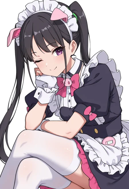 Smooth Quality,masterpiece,very intricate, high quality details, ultra realistic, high detailed skin,detailed enviorement,absurdres,
 <lora:Hiiragi_Yume_Yumechi_CNR:1> hiiragi_cnr, black hair, long hair, twintails, purple eyes,fake animal ears, pig ears, hiiragi_maid_cnr,maid, maid headdress, maid apron, frilled apron, black dress, puffy short sleeves,white thighhighs, black footwear,fingerless gloves,white wrist cuffs,pink bowtie, frills,, simple background, white background, from side,solo,
sitting, legs crossed, hand on chin, smiling, relaxed,  ,, ;o,