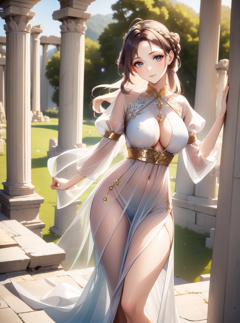 beautiful greco-roman priestess wearing a (diaphanous dress), <lora:diaphanous_dress-1.0:0.8>, long dress, long sleeves, puffy sleeves,
(ancient grecian temple), (laurel), ((big hair)), ((greco-roman hairstyle)),
coquettish smile, head tilt, 
pouncing,
withdrawn