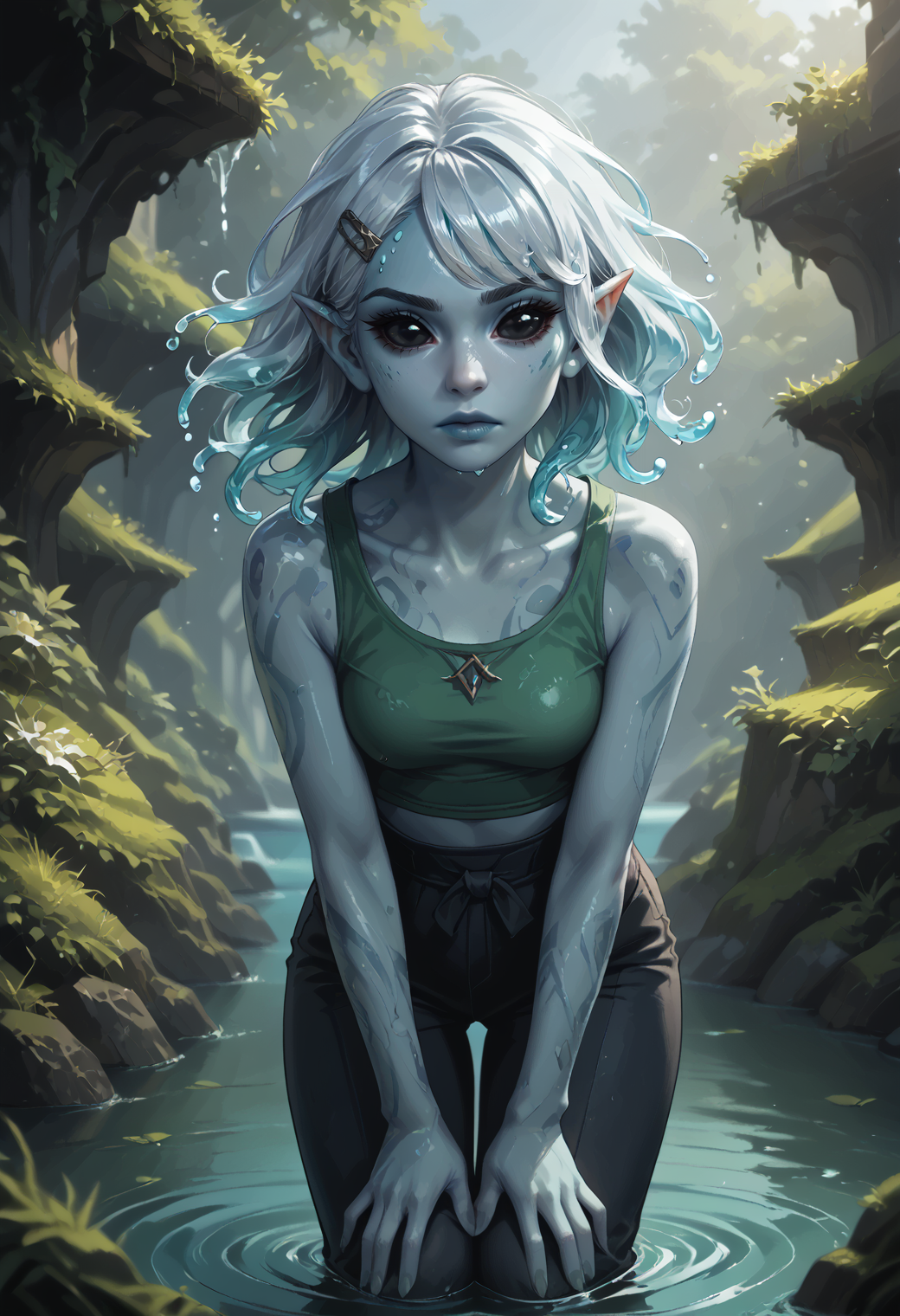 safe_pos, score_9, score_8_up, score_7_up, source_anime, source_western, source_comic BREAK 1girl, solo, water genasi, medium platinum streaked hair, side swept bangs hair with hairclip, colored skin, blue skin, slender body, narrow waist, perky breasts, perfect hands BREAK <lora:watergenasi:1.0> watergenasi, pointed ears, floating hair, (liquid hair), wet clothes, wet body, big black eyes, colored skin, <lora:slime:0.5> slime, fantasy BREAK fantasy, (disgust:1.0), eyes widening,frown,head tilt, outside, tundra, standing, waist-up portrait, bent over, hands on own knees,arm support, green tank top, grey culottes, moist lips BREAK ((dynamic angle)), dramatic lighting BREAK <lora:vivid_everclear:0.4> <lora:RELSM_v1:0.5> <lora:FantasyGPT4VLycoXL:0.6> <lora:FNTS:0.6> FNTS, <lora:Expressive_H:0.6> Expressiveh, <lora:pony_good_hands:0.7> good_hands