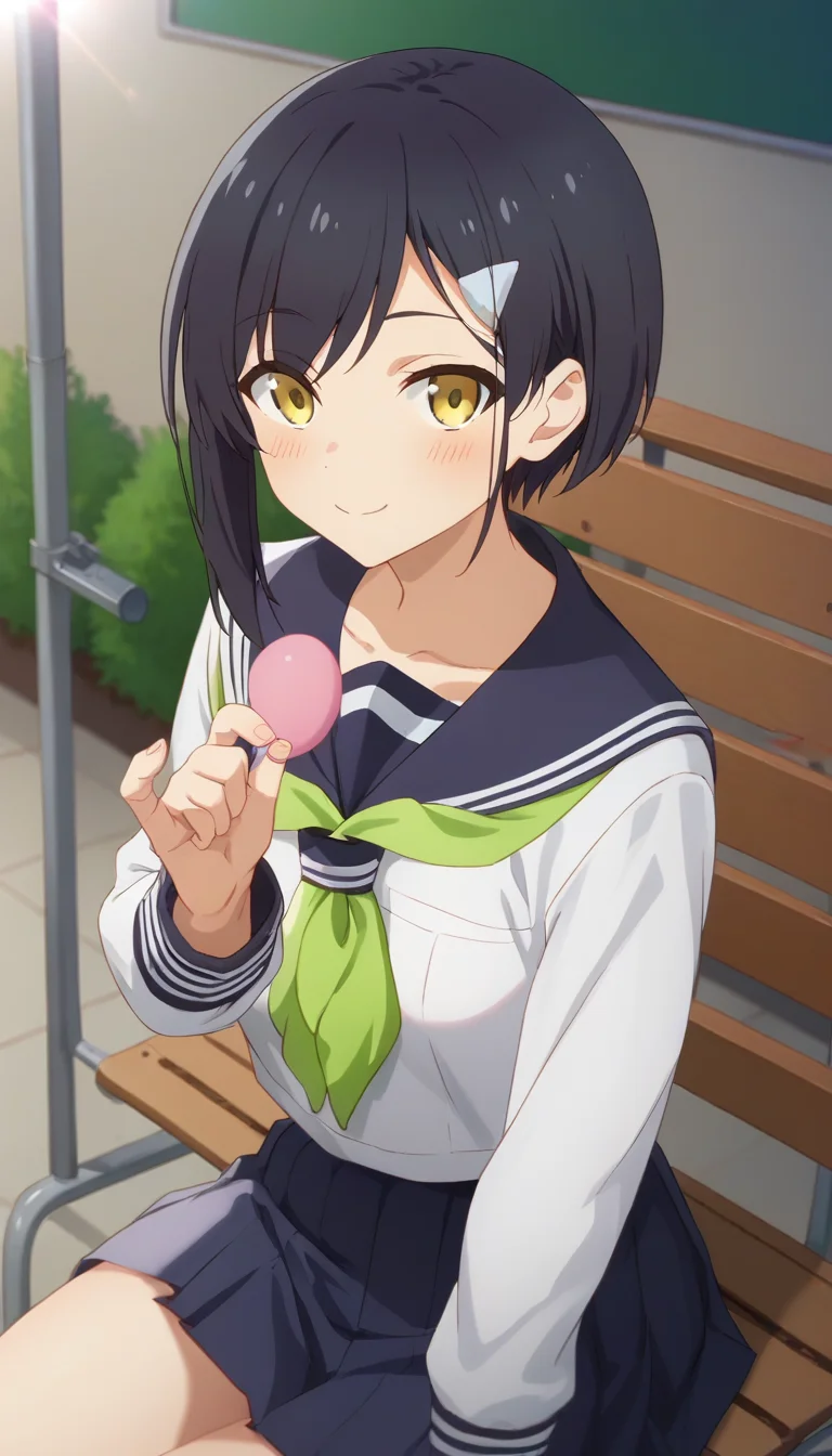 score_9,score_8_up,score_7_up,score_6_up BREAK official art,solo,outdoors,upper body,(portrait:1.5),looking at viewer,facing viewer,smile,blush,Tsubameya Chiharu,black hair,short hair,bob cut,hairclip,bangs,yellow eyes,school uniform,blue sailor collar,green neckerchief,white shirt,long sleeves,medium breasts,blue skirt,pleated skirt,white socks,loafers,brown footwear,<lora:Tsubameya Chiharu(snk)-Pony:1.5>,