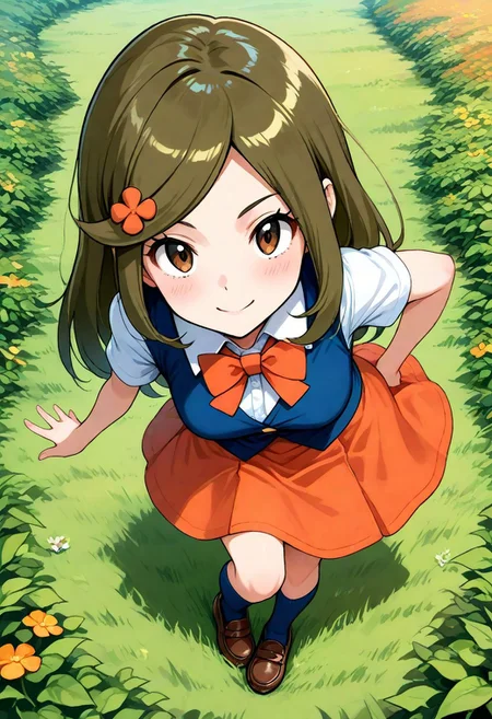 2d, masterpiece, best quality, amazing quality, 1girl, solo, close-up, standing, smile, full body, looking at viewer, day, meadow, (hair ornament:0.5), lassdppt, lass \(pokemon dppt\), brown eyes, long hair, sidelocks, bangs, brown hair, blue vest, white shirt, short sleeves, collared shirt, orange bowtie, orange skirt, blue socks, kneehighs, loafers, brown footwear
