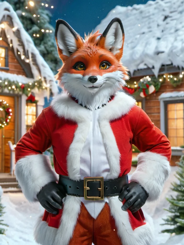 ral-santa, vulpera santa, a fox dressed in a santa outfit standing in front of a house, humanoid character <lora:ral-santa-sdxl:1>