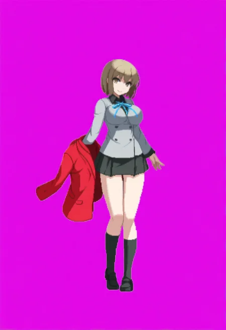 masterpiece, best quality, solo, 1girl, looking at viewer, smile, <lora:Io-illus_Fp:1>, iodesu2, short hair, brown hair, brown eyes, school uniform, ribbon, collared shirt, black skirt, black shirt, large breasts, unworn jacket, red jacket,  <lora:Dengeki_Bunko-illus_Fp:1>, full body, pixel art, simple background,