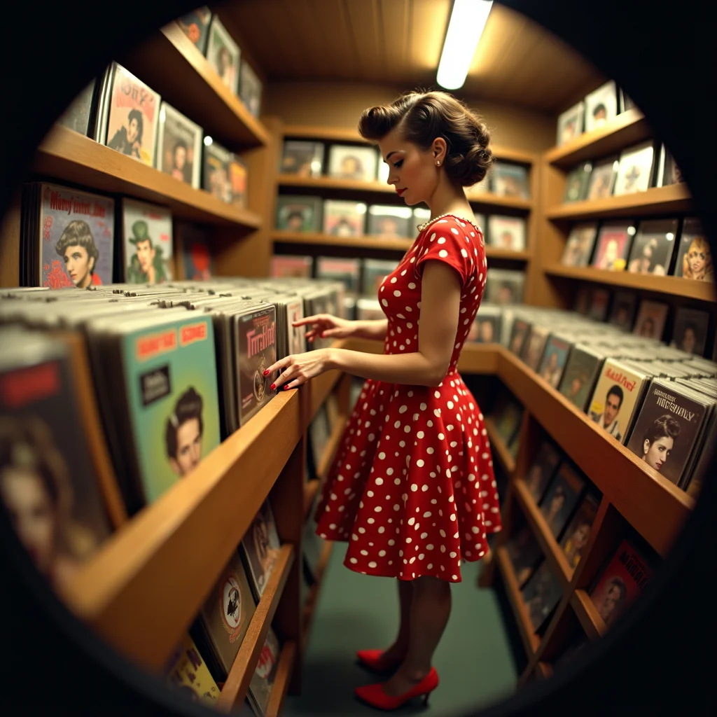 ultra realistic, ultra detailed, ultra quality, analog photography, analog photo, rockabilly woman browsing a rack of vinyl records, her flared skirt featuring a playful cherry print, and her hair styled in victory rolls. The wooden shelves of the record store are bathed in warm incandescent light, creating soft shadows and a cozy atmosphere. Shot with a vintage fisheye lens, adding a subtle curve to the image and emphasizing her bold red heels and black eyeliner, intimate and nostalgic. r0ckb1ll1 <lora:r0ckabilly style-000006:1>.  <lora:rockabilly8x:1> r0ckb1ll1v2, r0ckb1ll1