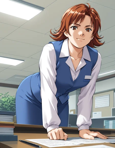 score_9, score_8_up, score_7_up, <lora:kisaku-v2-ponyxl-000010:0.85> suehiro, blue vest, dress shirt, blue skirt
1girl, solo, leaning forward, smirk, desk, office, ceiling light