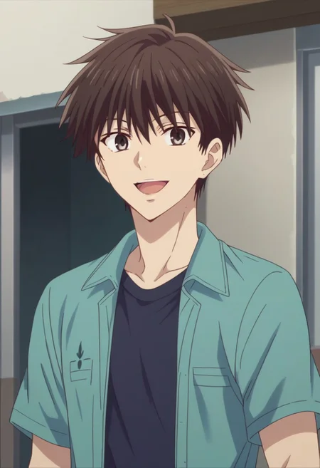 score_9, score_8_up, score_7_up, source_anime, highly detailed,
kakerumanabe, 1boy, male focus, solo, brown eyes, smile, open mouth, brown hair, upper body, facing viewer, :d, green shirt, open shirt, t-shirt, black t-shirt, short sleeves
outdoor,