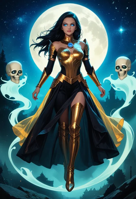 masterpiece, best quality, highres, realistic, best quality,
score_9, score_8_up, score_7_up,
Detailed. Full body art.
Ghostly skeleton woman. Golden armor with detailed complex decorations. shining eyes. floating translucent skeletons. at night. starry sky. moon. eerie atmosphere. g0thicPXL, glowing, neon, real life photo,midjourneyv6.1, fracolor