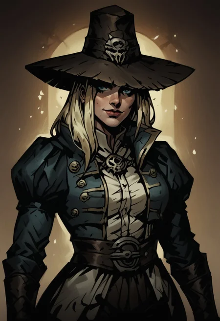 score_9, score_8_up, score_7_up, BREAK, 1woman, cowboy-shot, beautiful, dramatic lights ((Graverober, blonde, DarkestDungeon, GraverobberDD, hat, Darkest Dungeon))
