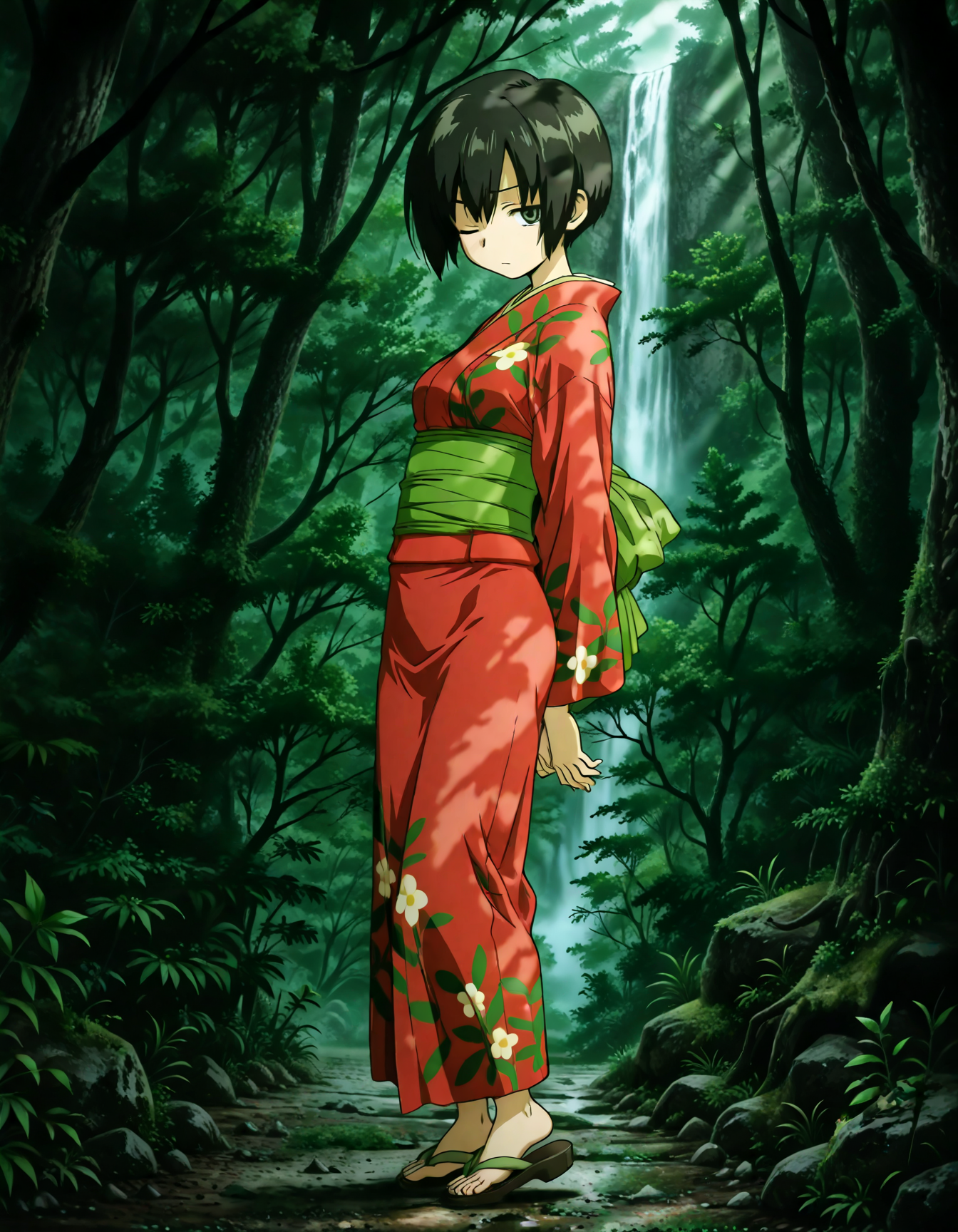 (1girl, solo:1.3), (2girls, 3girls, 4girls, multiple girls, 2boys, 3boys, 4boys, multiple boys:-1.5) <lora:Ioroi_Renzu_Mushi-shi_Illustrious:0.9>, ioroi_renzu, medium breasts, grey eyes, green eyes, black hair, short hair, bob cut, bangs, hair between eyes, japanese clothes, kimono, red kimono, obi, green obi, sandals (pout:0.7), one eye closed, general, contrapposto, dynamic pose, arms behind back, portrait, from side, from above, dutch angle, outdoors, forest, japanese forest, japanese shrine, (torii:-1.0), ancient forest, dense foliage, mossy trees, mist, eerie silence, no people, overgrown, primeval, twilight lighting, mystical, waterfall, A vast, untouched forest frozen in time, where ancient, towering trees with thick, moss-covered trunks rise from a ground layered with centuries of decaying leaves and soft green undergrowth. Twisted roots snake across damp soil, and the air hangs heavy with mist and silence. Shafts of pale light struggle to pierce the dense canopy, casting a faint glow on the shadowy floor below. Ferns and strange fungi thrive in the perpetual twilight, and no sign of human presence disturbs the eerie stillness. The atmosphere feels sacred, as if the forest itself is watching. A green forest with tall trees and dense foliage, an abstract depiction of a tranquil forest scene, where the towering trees create a serene, mystical atmosphere. The forest floor is covered with rich greenery, and the soft natural light filters gently through the leaves, subtly illuminating the scene without overpowering the natural beauty of the surroundings. midnight, fog, after rain, perspective, evening, pov, from side, (close-up:1.3), (light leaks, light rays:1.1), <lora:NOOB_EPSv1_1_detailer_by_vlnvk_v1_0:1.5>, (photo background:0.7), evening, (tachibana yuu:0.6), inue shinsuke, (kazuma muramasa:0.0), saikawa yusa, (aoi manabu:0.6), abarerumidori, (suzui narumi:0.6), masterpiece, newest, absurdres, 8K, anime screenshot, anime coloring, flat color, official art, film grain, <lora:illustriousXLv01_stabilizer_v1.185c:0.7>, <lora:LECO_Solo:-4.0>,