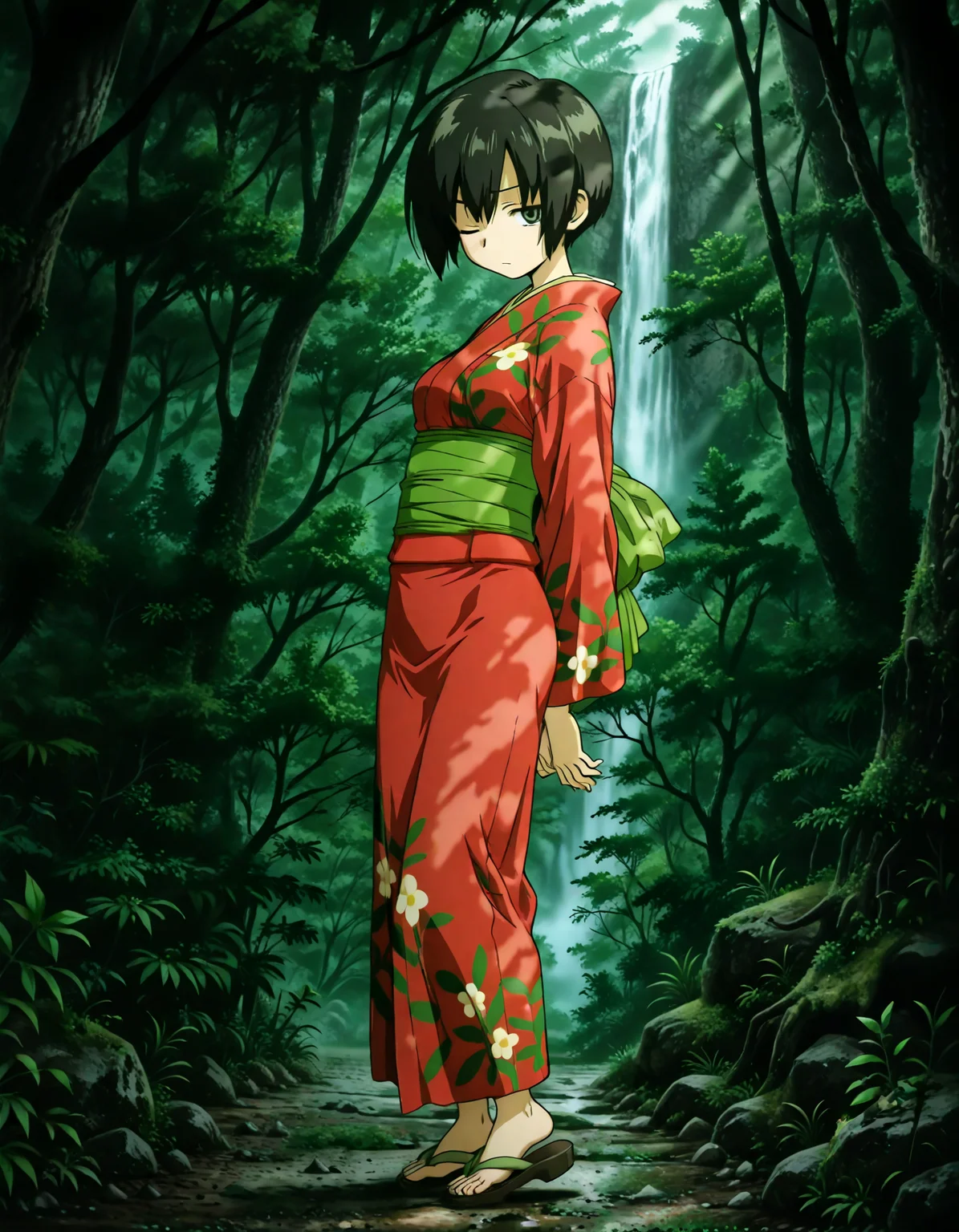 (1girl, solo:1.3), (2girls, 3girls, 4girls, multiple girls, 2boys, 3boys, 4boys, multiple boys:-1.5) <lora:Ioroi_Renzu_Mushi-shi_Illustrious:0.9>, ioroi_renzu, medium breasts, grey eyes, green eyes, black hair, short hair, bob cut, bangs, hair between eyes, japanese clothes, kimono, red kimono, obi, green obi, sandals (pout:0.7), one eye closed, general, contrapposto, dynamic pose, arms behind back, portrait, from side, from above, dutch angle, outdoors, forest, japanese forest, japanese shrine, (torii:-1.0), ancient forest, dense foliage, mossy trees, mist, eerie silence, no people, overgrown, primeval, twilight lighting, mystical, waterfall, A vast, untouched forest frozen in time, where ancient, towering trees with thick, moss-covered trunks rise from a ground layered with centuries of decaying leaves and soft green undergrowth. Twisted roots snake across damp soil, and the air hangs heavy with mist and silence. Shafts of pale light struggle to pierce the dense canopy, casting a faint glow on the shadowy floor below. Ferns and strange fungi thrive in the perpetual twilight, and no sign of human presence disturbs the eerie stillness. The atmosphere feels sacred, as if the forest itself is watching. A green forest with tall trees and dense foliage, an abstract depiction of a tranquil forest scene, where the towering trees create a serene, mystical atmosphere. The forest floor is covered with rich greenery, and the soft natural light filters gently through the leaves, subtly illuminating the scene without overpowering the natural beauty of the surroundings. midnight, fog, after rain, perspective, evening, pov, from side, (close-up:1.3), (light leaks, light rays:1.1), <lora:NOOB_EPSv1_1_detailer_by_vlnvk_v1_0:1.5>, (photo background:0.7), evening, (tachibana yuu:0.6), inue shinsuke, (kazuma muramasa:0.0), saikawa yusa, (aoi manabu:0.6), abarerumidori, (suzui narumi:0.6), masterpiece, newest, absurdres, 8K, anime screenshot, anime coloring, flat color, official art, film grain, <lora:illustriousXLv01_stabilizer_v1.185c:0.7>, <lora:LECO_Solo:-4.0>,