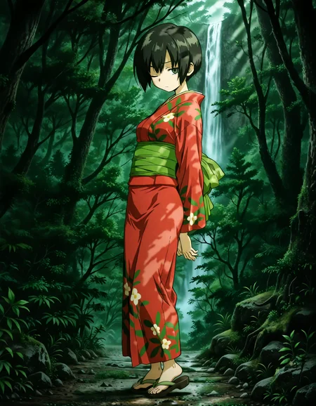 (1girl, solo:1.3), (2girls, 3girls, 4girls, multiple girls, 2boys, 3boys, 4boys, multiple boys:-1.5) <lora:Ioroi_Renzu_Mushi-shi_Illustrious:0.9>, ioroi_renzu, medium breasts, grey eyes, green eyes, black hair, short hair, bob cut, bangs, hair between eyes, japanese clothes, kimono, red kimono, obi, green obi, sandals (pout:0.7), one eye closed, general, contrapposto, dynamic pose, arms behind back, portrait, from side, from above, dutch angle, outdoors, forest, japanese forest, japanese shrine, (torii:-1.0), ancient forest, dense foliage, mossy trees, mist, eerie silence, no people, overgrown, primeval, twilight lighting, mystical, waterfall, A vast, untouched forest frozen in time, where ancient, towering trees with thick, moss-covered trunks rise from a ground layered with centuries of decaying leaves and soft green undergrowth. Twisted roots snake across damp soil, and the air hangs heavy with mist and silence. Shafts of pale light struggle to pierce the dense canopy, casting a faint glow on the shadowy floor below. Ferns and strange fungi thrive in the perpetual twilight, and no sign of human presence disturbs the eerie stillness. The atmosphere feels sacred, as if the forest itself is watching. A green forest with tall trees and dense foliage, an abstract depiction of a tranquil forest scene, where the towering trees create a serene, mystical atmosphere. The forest floor is covered with rich greenery, and the soft natural light filters gently through the leaves, subtly illuminating the scene without overpowering the natural beauty of the surroundings. midnight, fog, after rain, perspective, evening, pov, from side, (close-up:1.3), (light leaks, light rays:1.1), <lora:NOOB_EPSv1_1_detailer_by_vlnvk_v1_0:1.5>, (photo background:0.7), evening, (tachibana yuu:0.6), inue shinsuke, (kazuma muramasa:0.0), saikawa yusa, (aoi manabu:0.6), abarerumidori, (suzui narumi:0.6), masterpiece, newest, absurdres, 8K, anime screenshot, anime coloring, flat color, official art, film grain, <lora:illustriousXLv01_stabilizer_v1.185c:0.7>, <lora:LECO_Solo:-4.0>,