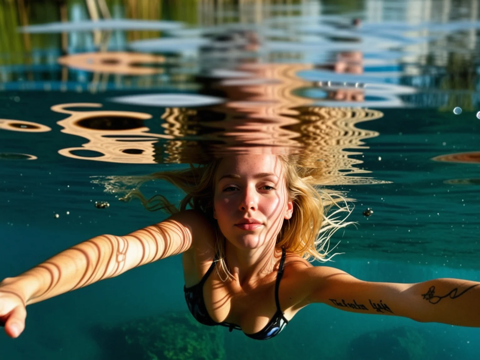 texture, skin pores, candid photo, , cute face, Tecla Loggia, Lying back with knees bent and feet flat, arms relaxed at the sides, looking content and relaxed,
, Cowboy Shot, from below
, nude breasts, , swimsuite
double exposure, overgrown, blonde, tattoos, dramatic light, a romantic lake at dawn, where the first light of day illuminates the waterfall, creating a magical and serene setting,
Reflective surface for interesting light patterns (Reflected Patterns)., <lora:dmd2_sdxl_4step_lora_fp16:1.0>, <lora:subtle-fluxstyle-xl2:0.9>
