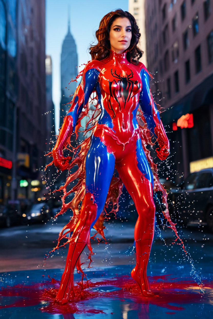 sweet 30 year old woman aarohi in desirable spiderman suit made of liquid <lora:aurumLight:0.8> . 35mm photograph, film, bokeh, professional, shot by david lachapelle, 4k, highly detailed