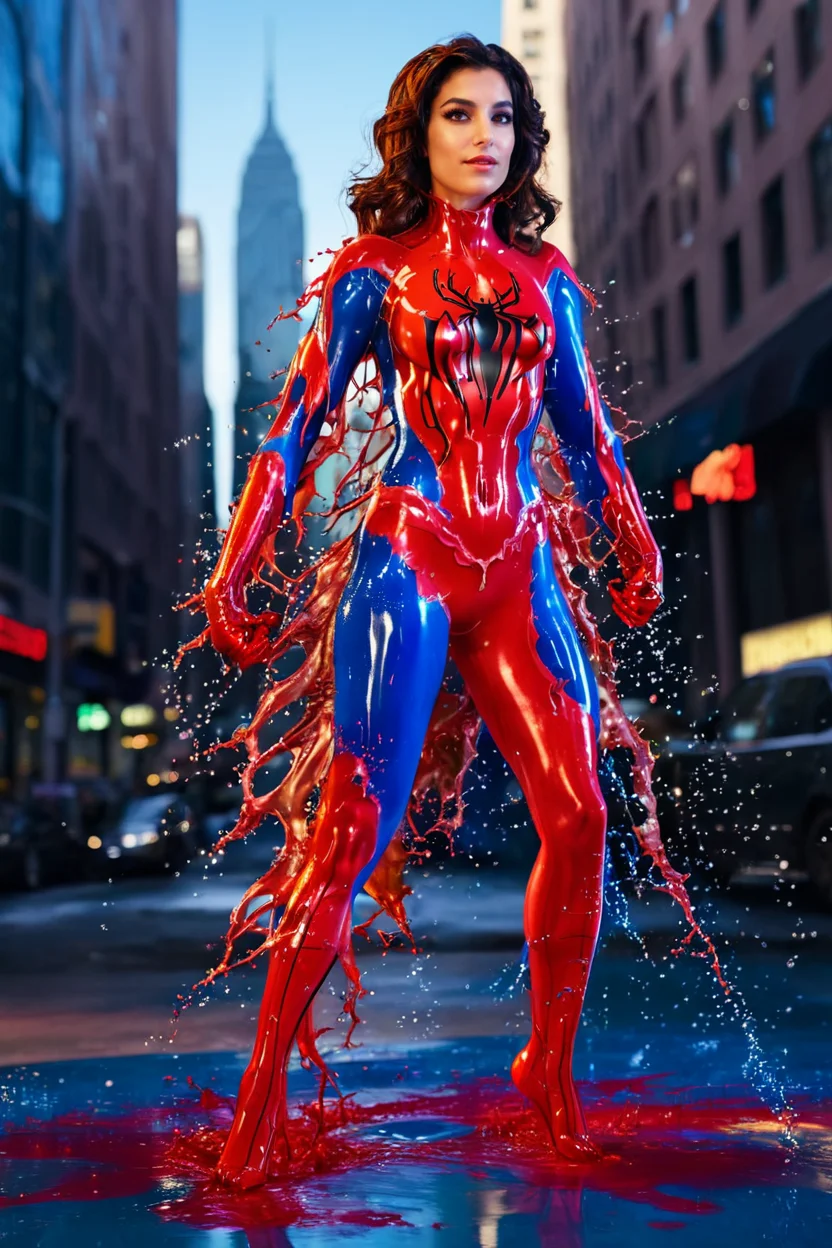 sweet 30 year old woman aarohi in desirable spiderman suit made of liquid <lora:aurumLight:0.8> . 35mm photograph, film, bokeh, professional, shot by david lachapelle, 4k, highly detailed