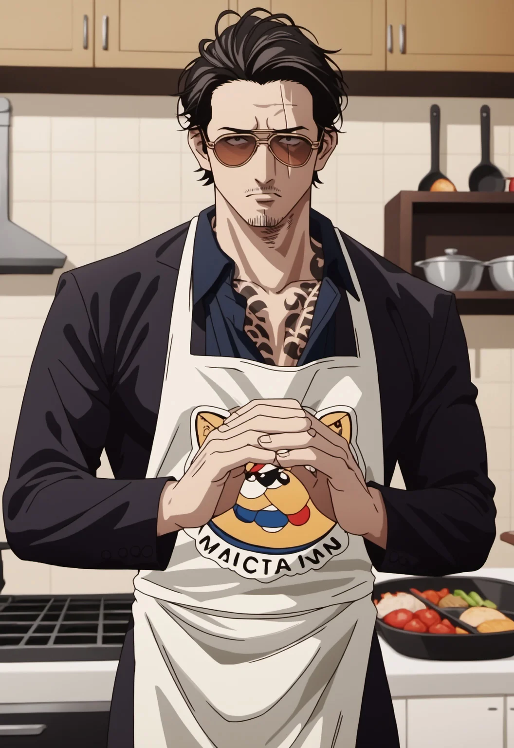 safe_pos, safe_pos, score_9, score_8_up, rating_nsfw, ultra hd, absurdres, best quality, masterpiece, masculine, solo, 1boy, male focus, best anatomy, best eyes, best hands, sexiest man alive, erotic, gay porn, hand with five fingers, mature male, anime screencap
HHTatsu, facial hair, black hair, apron, sunglasses, hair slicked back, scar, tattoo, stubble, kitchen, black shirt, eyes, black pupils