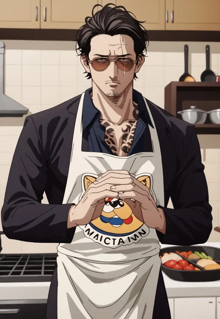 safe_pos, safe_pos, score_9, score_8_up, rating_nsfw, ultra hd, absurdres, best quality, masterpiece, masculine, solo, 1boy, male focus, best anatomy, best eyes, best hands, sexiest man alive, erotic, gay porn, hand with five fingers, mature male, anime screencap
HHTatsu, facial hair, black hair, apron, sunglasses, hair slicked back, scar, tattoo, stubble, kitchen, black shirt, eyes, black pupils
