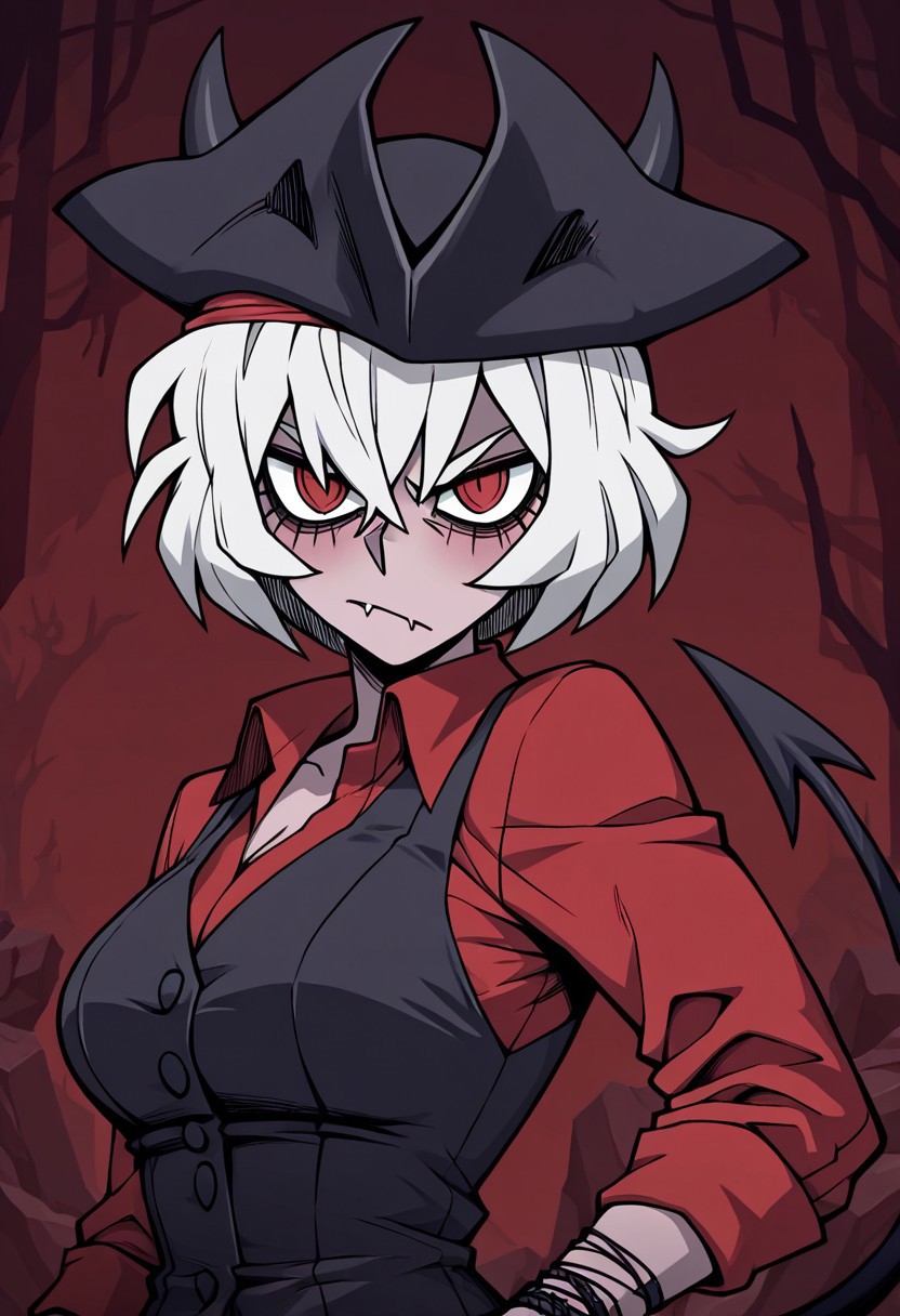 masterpiece, best quality, newest, absurdres, highres, anime, anime style, PAV1.0IL, pirate, pirate hat, 
1girl, malina (helltaker), demon girl, short hair, white hair, horns, demon tail,
