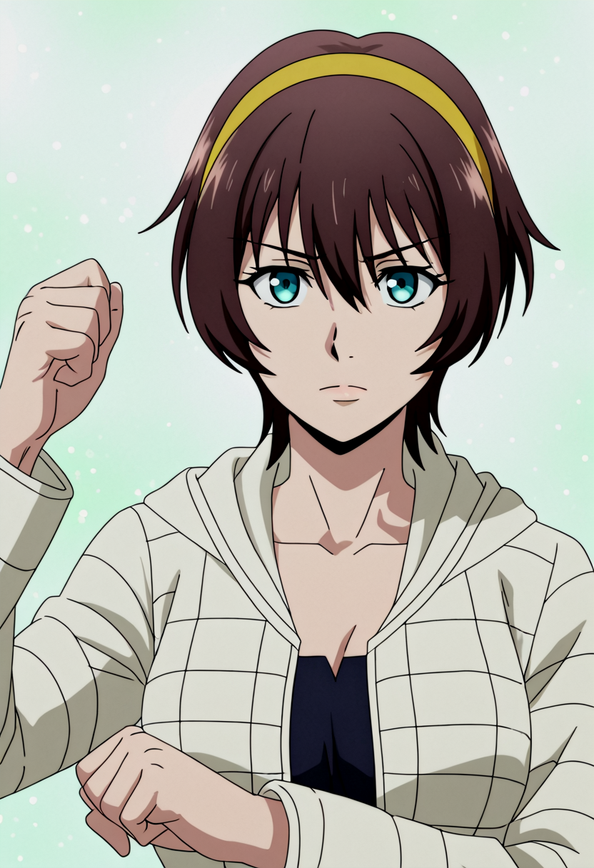 <lora:Yuu_IL_V3:0.9>,score_9, score_8_up, score_7_up, score_6_up, source_anime, rating_explicit, masterpiece, best quality, intricate details, gothic fantasy, upper body portrait, dramatic pose, confident gaze, cinematic lighting, clean background, glowing magical particles, detailed face, vibrant colors.,
Yuu_WhiteJacket, 1girl, brown short hair, hair between eyes, blue eyes, medium breasts, yellow hairband, jacket, long sleeves, hood,