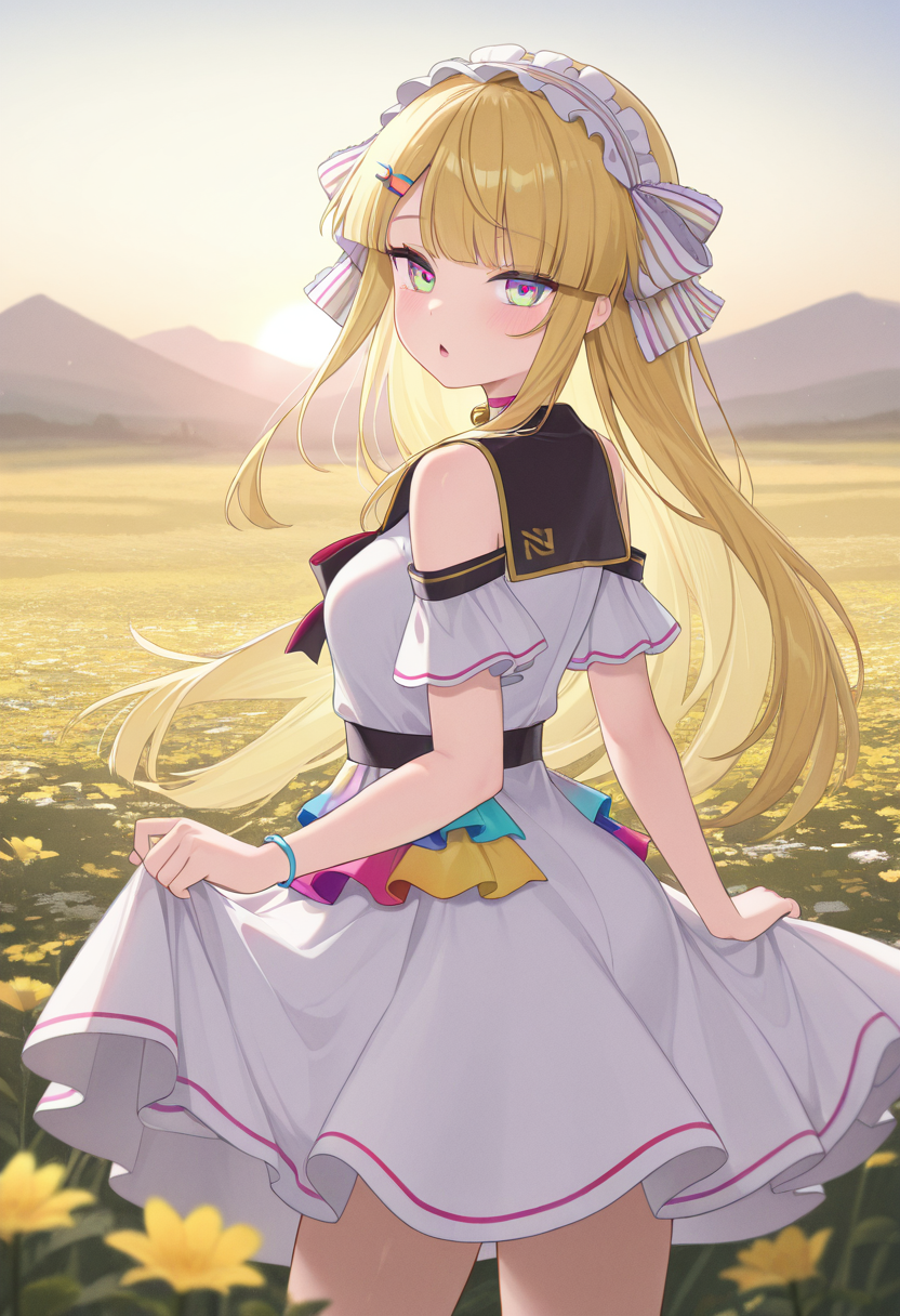 1girl,solo,<lora:kougeicielnanail:0.9>,koucienan,multicolored eyes,long hair,blonde hair,blunt bangs,hairband,hairclip,hair ornament,choker,bell,dress,black collared dress,white dress,bare shoulders,multicolored_frills,frills,looking_at_viewer,cowboy_shot,from_side,looking_back,skirt hold,sunrise,flower field,plateau,chestnut mouth,legs_apart,masterpiece,best quality,good quality,newest,incredibly absurdres,
