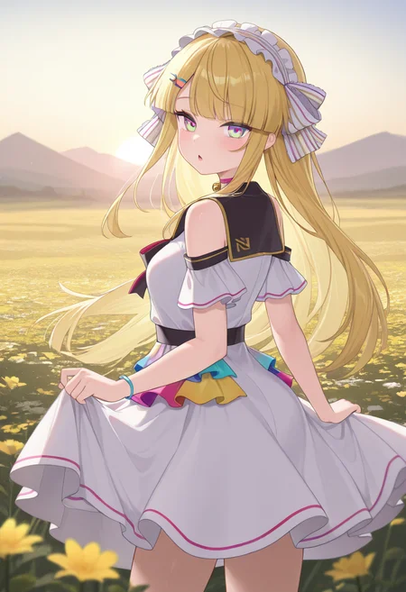 1girl,solo,<lora:kougeicielnanail:0.9>,koucienan,multicolored eyes,long hair,blonde hair,blunt bangs,hairband,hairclip,hair ornament,choker,bell,dress,black collared dress,white dress,bare shoulders,multicolored_frills,frills,looking_at_viewer,cowboy_shot,from_side,looking_back,skirt hold,sunrise,flower field,plateau,chestnut mouth,legs_apart,masterpiece,best quality,good quality,newest,incredibly absurdres,