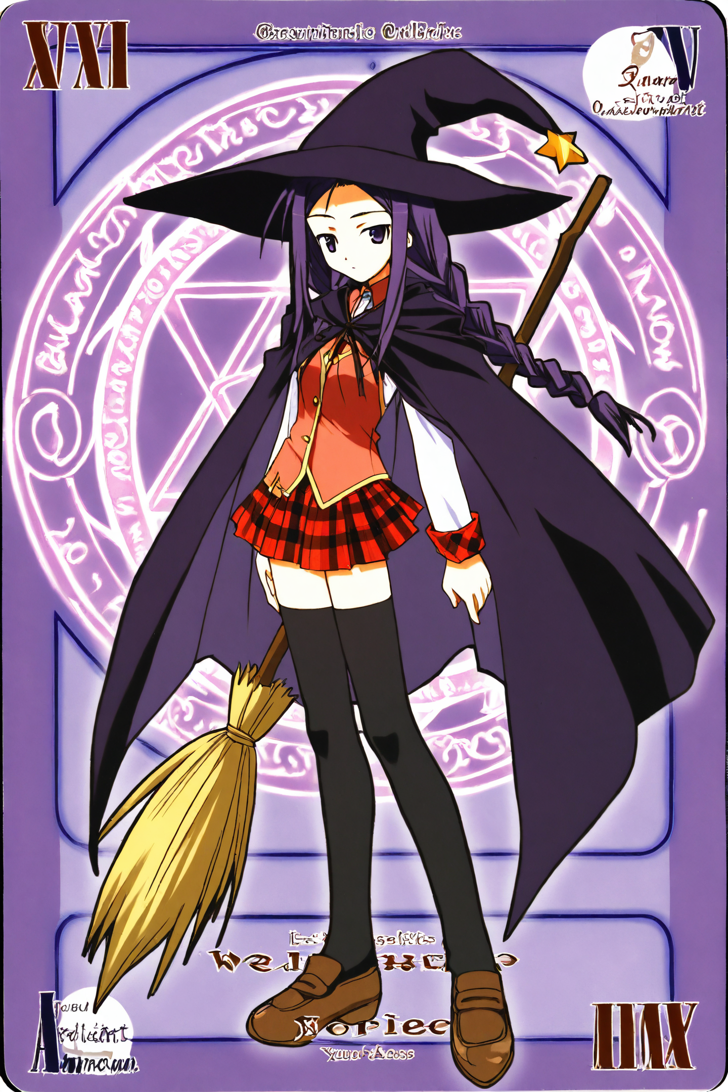 Yue Ayase,1girl,solo,hat,witch hat,broom,thighhighs,card \(medium\),braid,purple hair,magic circle,skirt,purple eyes,twin braids,school uniform,witch,long hair,plaid,standing,expressionless,star \(symbol\),cape,
<lora:Akamatsu Ken_XL:0.8>,