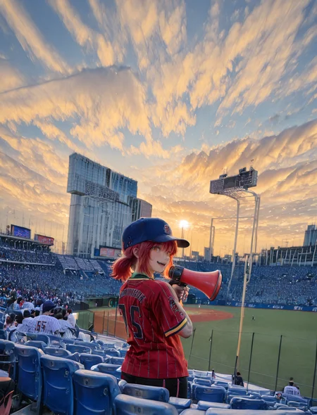 (1girl:1.5), (general:1.3), (detailed background:1.5), baseball jersey, (white jersey, red pinstripe pattern:1.1), dark blue baseball cap, dark blue undershirt, holding megaphone, happy, evening, (smile:1.4), sparkle, cowboy shot,  crowd BREAK
<lora:jingu_stadium:1> jingu stadium, outfield seats, stands, baseballfield, scenery, outdoors, audience, crowd, people, multiple boys, multiple girls, day, sunset, night, cloud, cloudy sky, sky, building, city, cityscape, skyscraper, sign, sun, blue sky, seats, backstand, electronic display board, BREAK
dramatic shadows, cinematic lighting, (photo background:1.1), (8K resolution:1.2), (masterpiece:1.2), best quality, amazing quality, very aesthetic, absurdres, newest, (ultra detailed:1.3), (uhd:1.1), <lora:cfg_scale_boost:0.7> <lora:Smooth_Booster_v2:0.5> <lora:StS-Illustrious-Detail-Slider-v1.0:3.0> BREAK