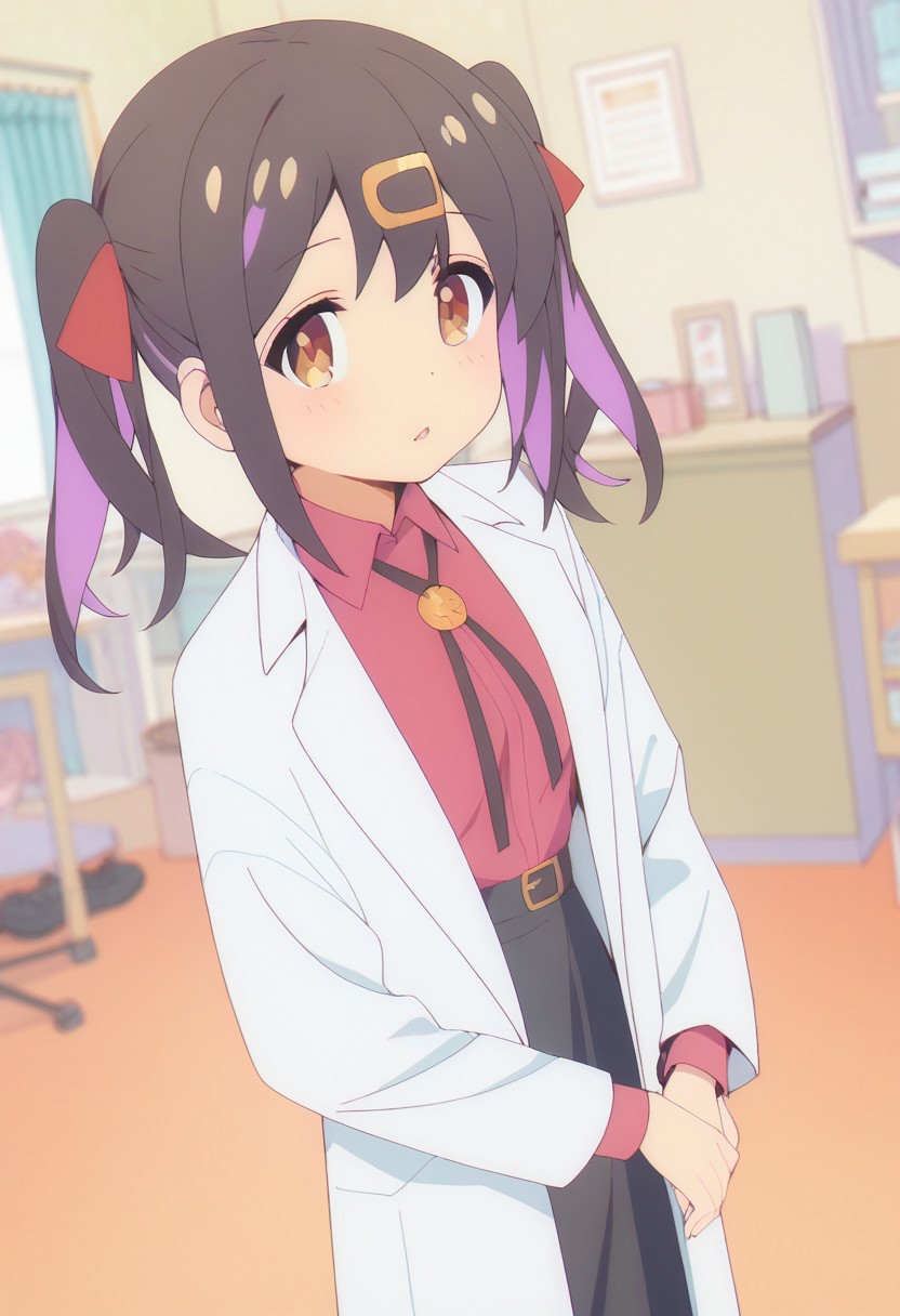 score_9,score_8_up,score_7_up,score_6_up,blurry, blurry background,1girl,mihari,brown eyes,multicolored hair,purple hair,black hair,bangs,twintails,hair ribbon,shirt,collared shirt,pink shirt,skirt,socks,labcoat,long sleeves,shoes,upper body,volumetric light,standing,posing,friendly,indoors,living room,cowboy shot,dutch angle