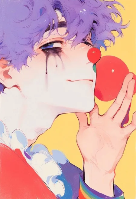 hu99y, score_9,score_8_up,score_7_up, 1boy, solo,cowboy shot, bangs, purple hair, head resting on one hand, joker makeup, clown costume, smile, yellow background