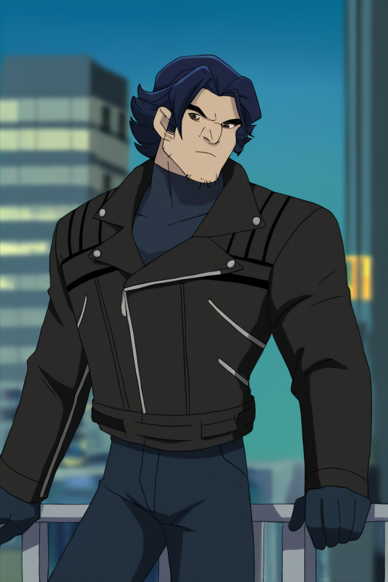 masterpiece, best quality, highres, newest, logan, 1boy, solo, male focus, mature male, short hair, dark blue hair, brown eyes, thick eyebrows, facial hair, stubble, sideburns, muscular, black jacket, leather jacket, long sleeves, dark blue turtleneck, dark blue pants, dark blue gloves, looking at viewer, standing, cowboy shot, outdoors, city, building <lora:Wolverine (Logan) X-Men Evolution (Only Logan) v1.1 [LoRA] - NoobAI-XL EPS 1.0:0.8>
