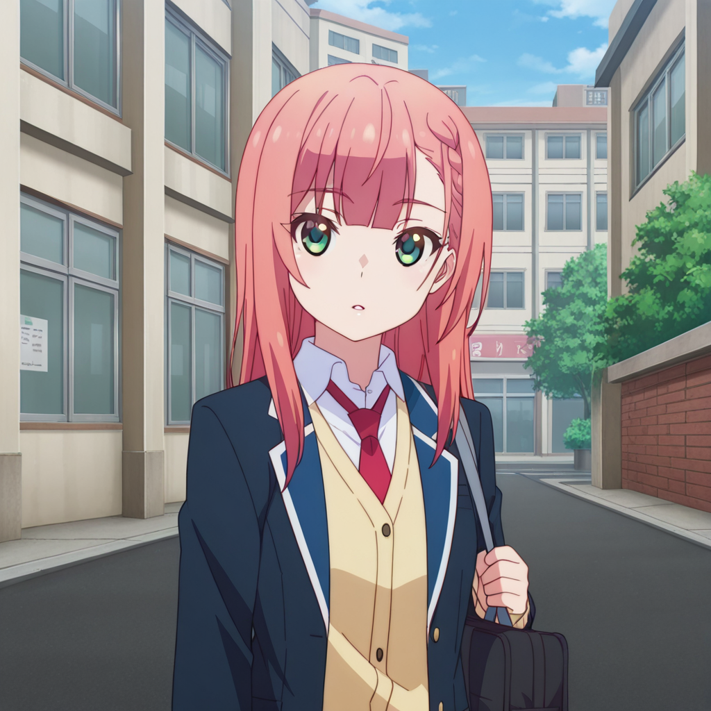 nsfw, masterpiece, best quality, 1girl, solo, the_dreaming_boy_is_a_realist_aika_natsukawa, necktie, school uniform, green eyes, jacket, bag, shirt, red necktie, braid, bangs, blazer, school bag, cardigan, long hair, white shirt, collared shirt, looking at viewer, pink hair, parted lips, open clothes, long sleeves, open jacket, street, building, <lora:Aika_Natsukawa_-_The_Dreaming_Boy_Is_a_Realist:0.7>