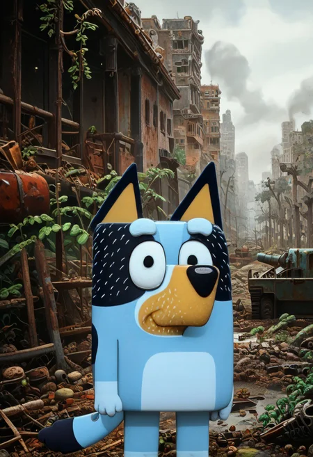 score_9, score_8_up, score_7_up, volumetric lighting, masterpiece, best quality, absurdres, newest, perfect quality, best quality, absolutely eye-catching, detailed, intricate details, ultra-detailed, source_anime, ruanyi0723,post-apocalypse,overgrown,moss, ((1boy, solo, bluey style, blueyxl, boxchibi, bandit heeler, cartoon, dog, furry, ((narrowed eyes, white sclera, empty eyes, black eyes, half shut eyes)), blue skin, blue fur, thick eyebrows, dog tail, dog ears, black nose, holding a rifle with both hands, walking on two legs, wandering on the road)), ((cautious, anger, furious, scared expression)), watching out for monsters, BREAK, realistic background, 2d character, outdoor, post-apocalypse, destroyed buildings, overcast, cloudy, realistic, overgrown post apocalyptic street, broken cars, dilapidated houses, houses covered in moss, road is damaged, A decayed ruined abandoned city full of decrepit concrete structures hollowed out by the ravages of time slowly being enveloped and overgrown by verdant foilage with grass, vines and trees cracking the remains of pavement and growing through gaps in the masonry, post apocalyptic, depth of field, BanditPXL, exhausted, shocked, looks at viewer
