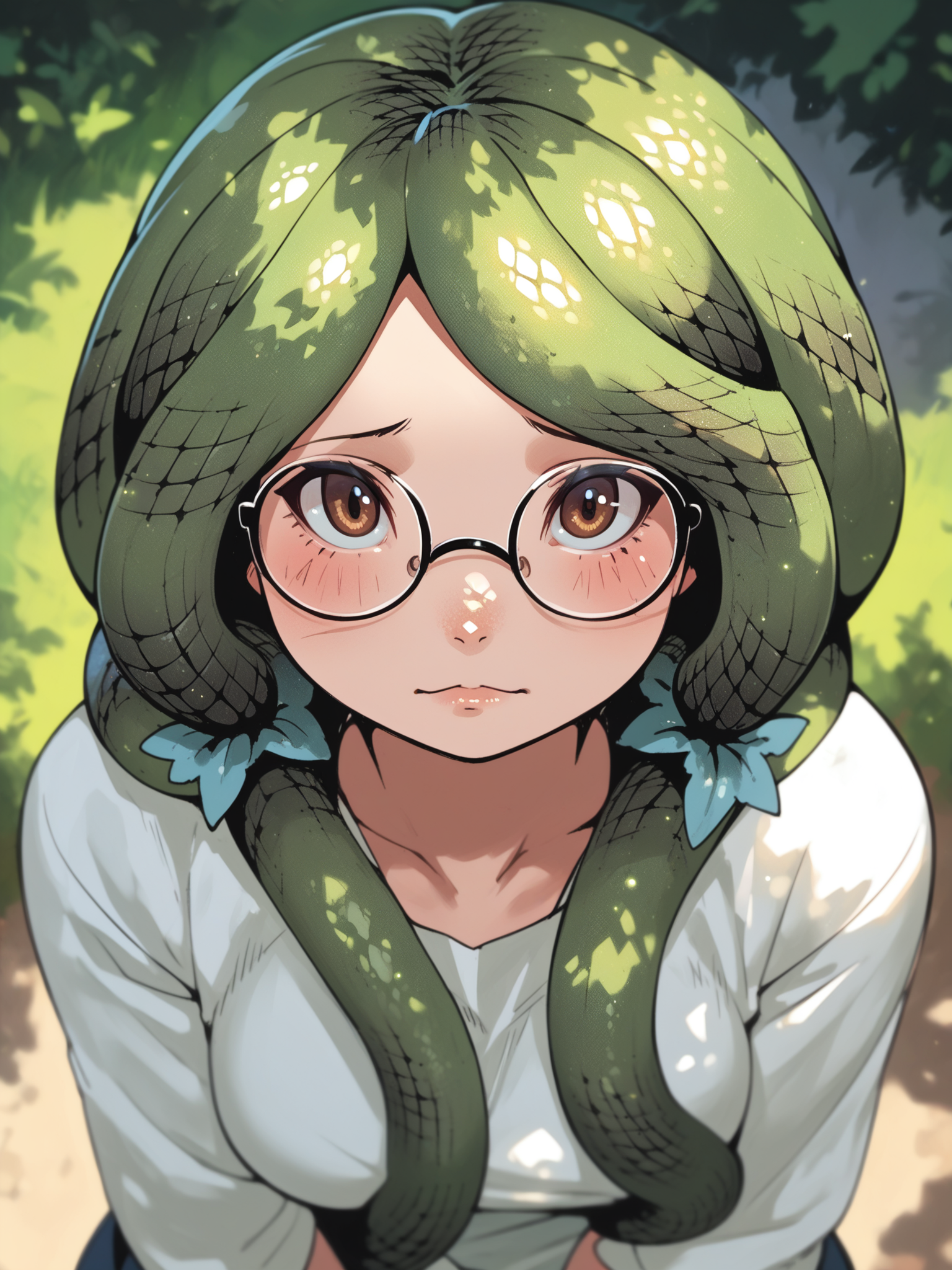 <lora:happy_tentacle-sanjimerisa-v0.3:1>, ht_sanjimerisa, glasses, snake hair, tentacle hair, prehensile hair, medium breasts, brown eyes, green hair, plump , shy, outdoors, day upper body, 1girl, (petite:1.2), solo focus, (looking at viewer:1.1), sidelighting, (depth of field:0.8), from above, [(realistic, photorealistic:1.2):(realistic:1.2):22], [(3d:1.2)::12], <lora:LUUNA's Lunas-NijiJourney-SDXL-B2:0.5>, nijijourney, <lora:prgfrg23's Counterfeit-V3.0 Style SDXL_LoRA_Pony Diffusion V6 XL:0.35>, <lora:Shed_The_Skin's StS_age_slider_v1_initial_release:-1>, score_9, score_8_up, score_7_up, score_6_up, score_5_up, score_4_up