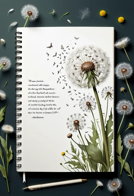 In white bold medium text: 'My dear journal: I dream of floating on whispers of dandelion fluff, carried by the gentlest breeze.' Adda Barrios art style.,In white bold medium text: 'My dear journal: I dream of floating on whispers of dandelion fluff, carried by the gentlest breeze.' Adda Barrios art style.