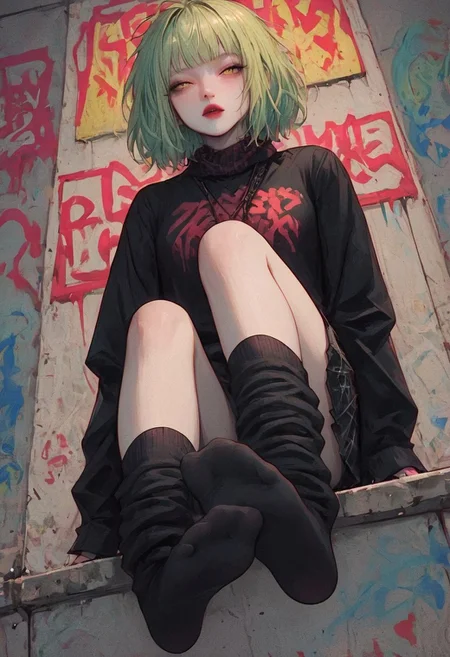 zPDXL3, score_9, score_8_up, score_7_up, 2d, depth of field, unsharp, absurdres, dof, sharp focus, perfect face, extremely detailed, extremely detailed face, (source_anime), 1girl, adult, pale skin, pale green hair, short hair, (messy hair), hair over the eyes, turtle neck, velvet clothes, yellow eyes, half closed eyes, sharp facial features, wall background, graffiti, splash paint, pale colors, looking at viewer, looking up, <lora:add-detail-xl:0.4> , <lora:g0th1cPXL:0.3>, <lora:Goth_girl_XL-v2:0.8>, <lora:GDXLP:0.8>, smooth skin, clear skin, sitting down, feet view, low angle view, toes through socks, mini skirt, fuzzy socks, fuzzy feet, feet in view, full body, bottom of feet, soles, legs on camera, very low angle, colorful socks, vibrant colors, gothic vibe, furry socks, LEGSOCKS, loose socks, 4ng3l face,