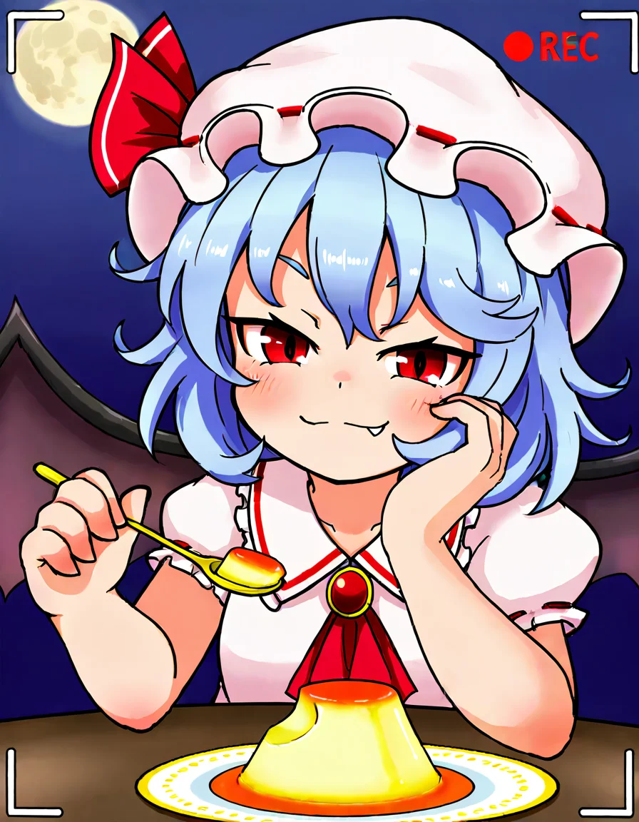 1girl, solo, looking at viewer, blush, smile, short hair, shirt, red eyes, dress, hat, holding, ribbon, closed mouth, jewelry, blue hair, upper body, short sleeves, wings, food, puffy sleeves, fang, red ribbon, puffy short sleeves, ascot, night, white headwear, table, moon, mob cap, hat ribbon, bat wings, brooch, night sky, hand on own face, plate, full moon, head rest, spoon, hand on own cheek, red ascot, fang out, fake screenshot, holding spoon, recording, viewfinder, pudding, fake phone screenshot, remilia scarlet <lora:yoshiyuki_14330975:0.7>
